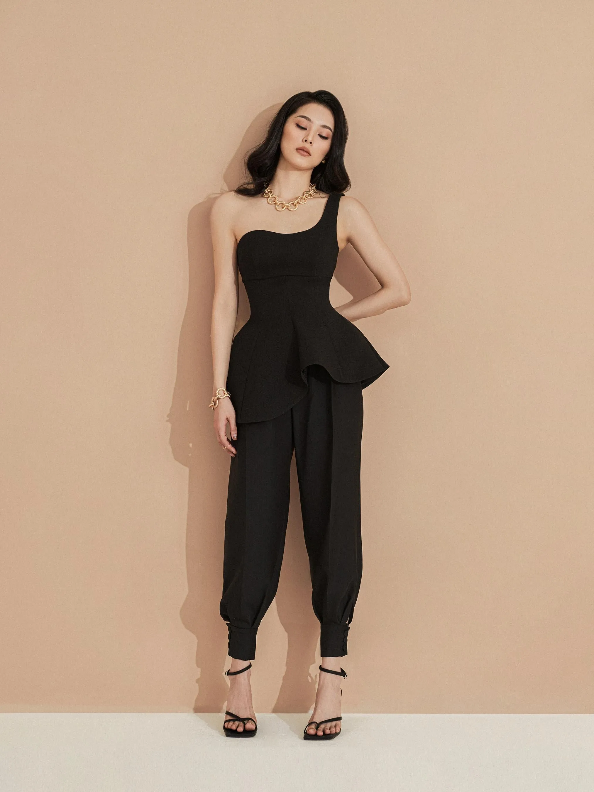 BLACK COCKTAIL BAGGY TROUSERS WITH ANKLE CUFF - MEPU