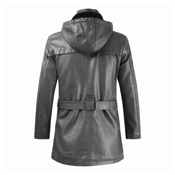 Black Fashionable Hooded Long Leather Motorcycle Coat