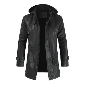 Black Fashionable Hooded Long Leather Motorcycle Coat