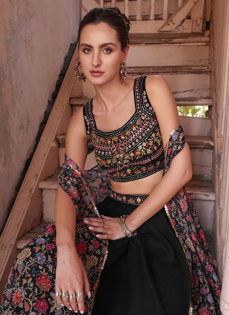 Black Multi Embroidered Cape Style Co-Ord Sharara Set