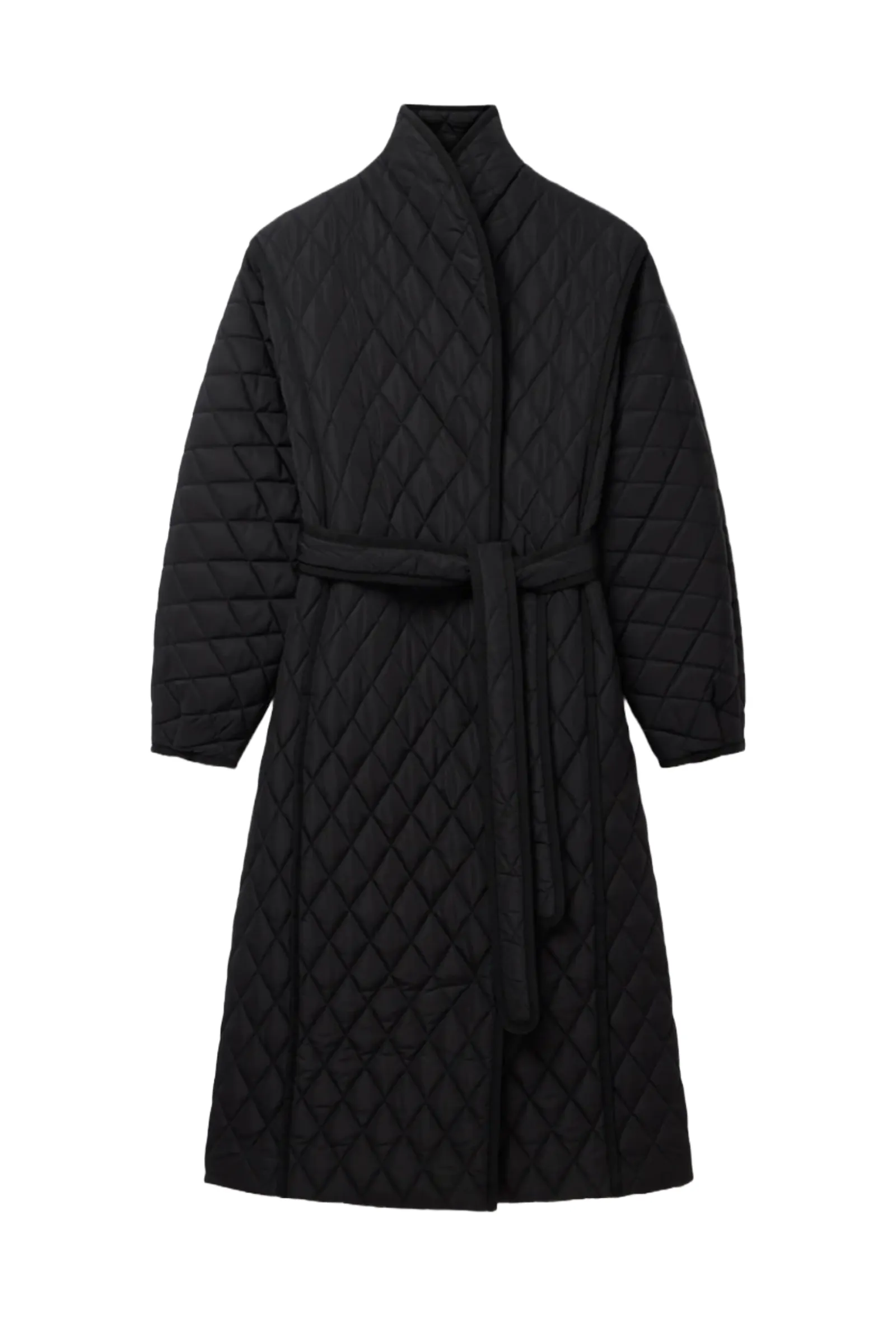 Black Quilted Belted Wrap Coat