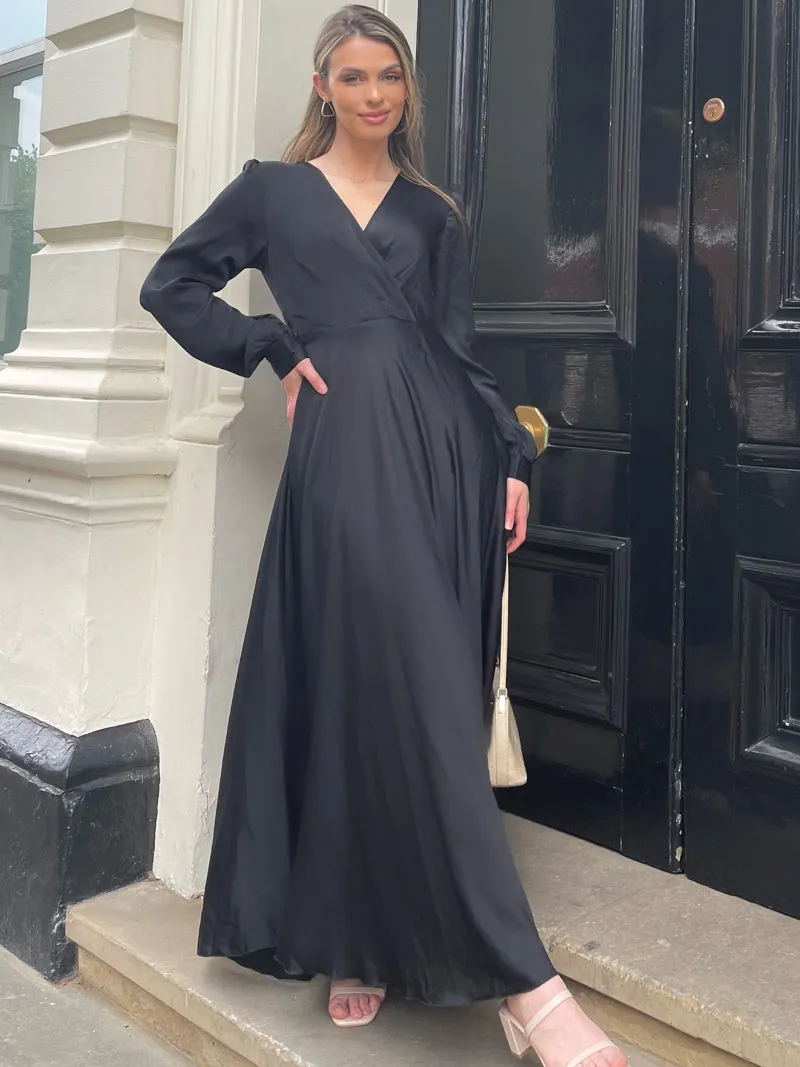 BLACK SATIN BELTED MAXI DRESS