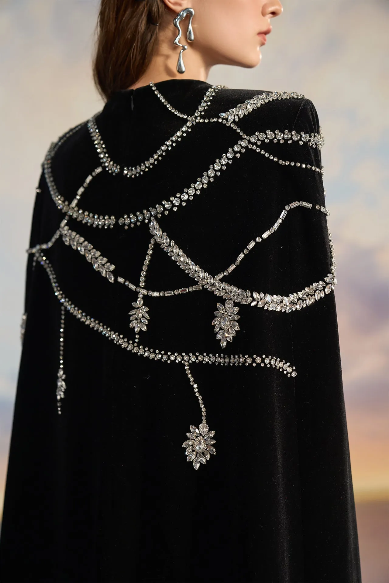 Black Velvet Cape Dress with Sequin Details