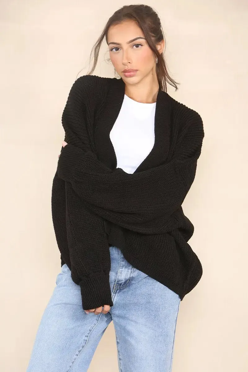 Black Versatile Knit Drop Shoulder Sweater Cardigan