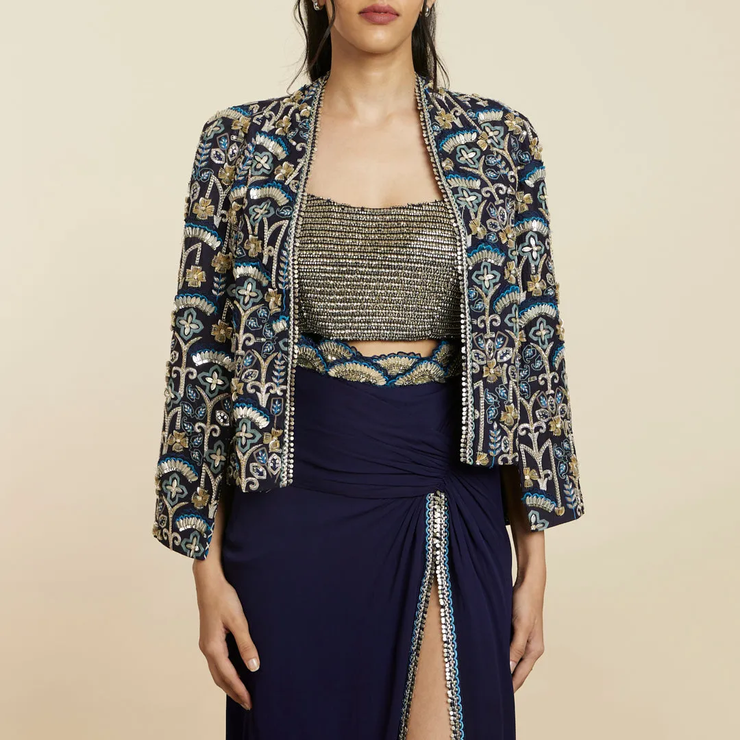 BLUE ART DECO EMBELLISHED CAPE JACKET WITH HIGH SLIT SKIRT