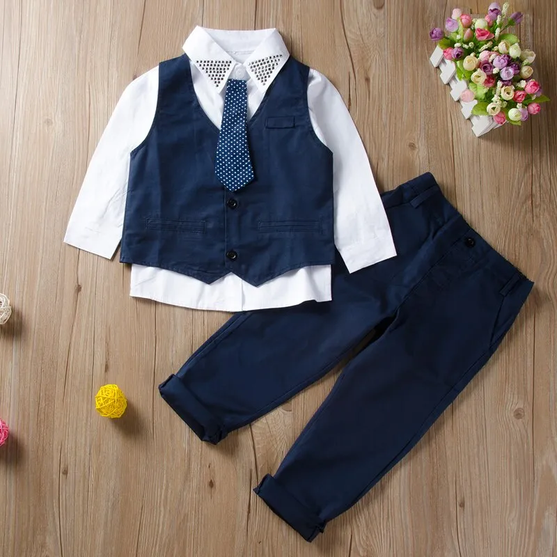 Boys Solid Shirt-Waist Coat Pants 3PC Set