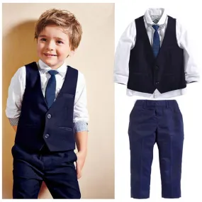 Boys Solid Shirt-Waist Coat Pants 3PC Set