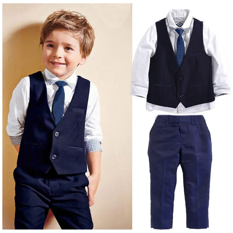 Boys Solid Shirt-Waist Coat Pants 3PC Set