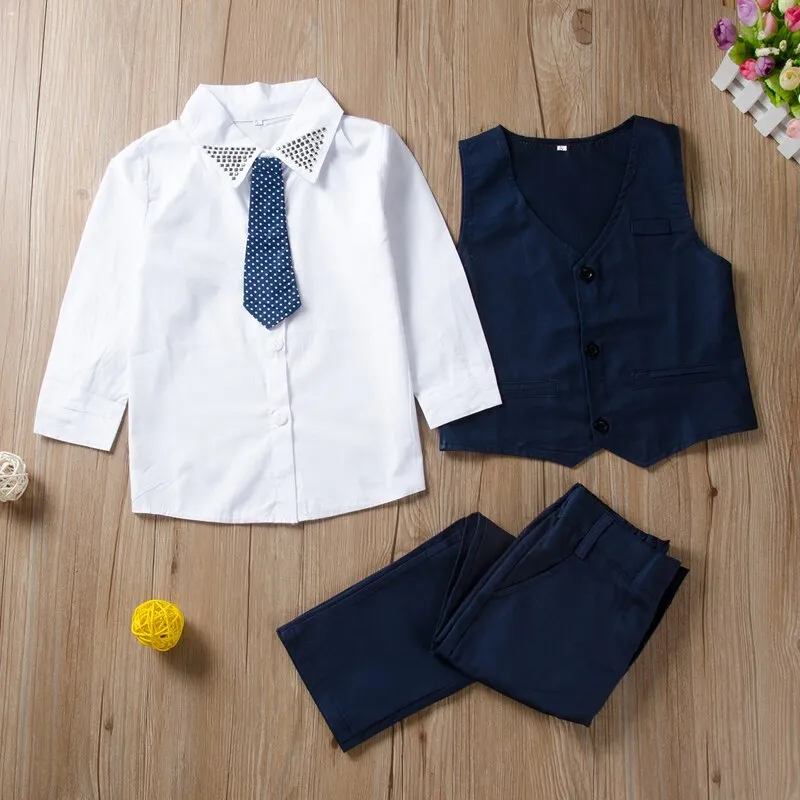 Boys Solid Shirt-Waist Coat Pants 3PC Set