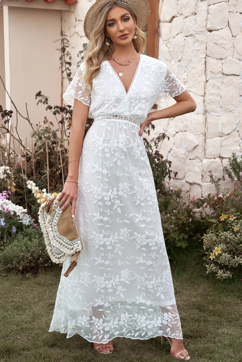 Bridal White Boho Embroidered Short Sleeve Surplice Neck Maxi Dress