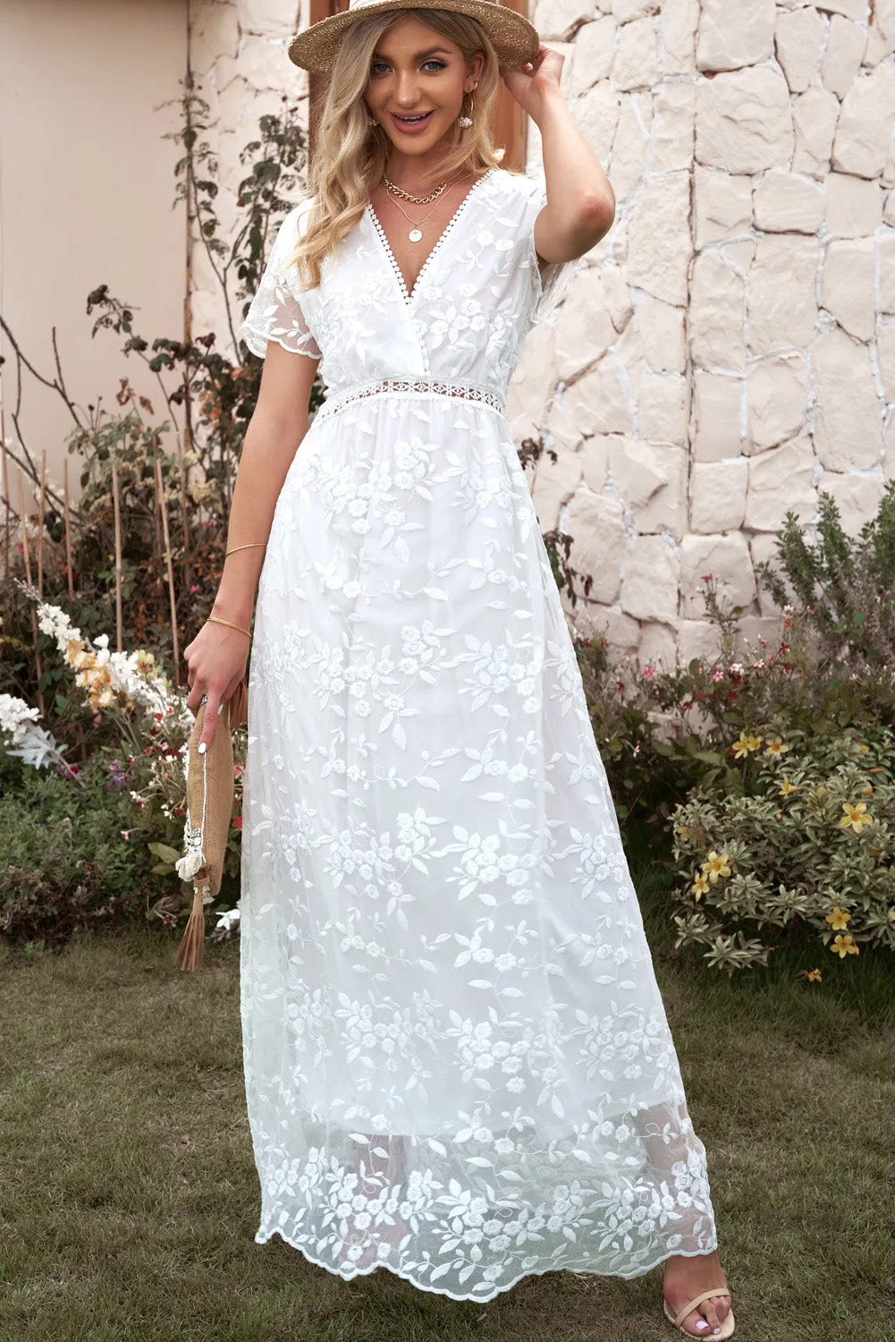 Bridal White Boho Embroidered Short Sleeve Surplice Neck Maxi Dress