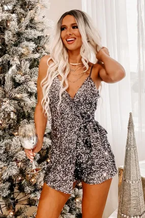 Bring Cheer Sequin Wrap-Front Romper (Gray)