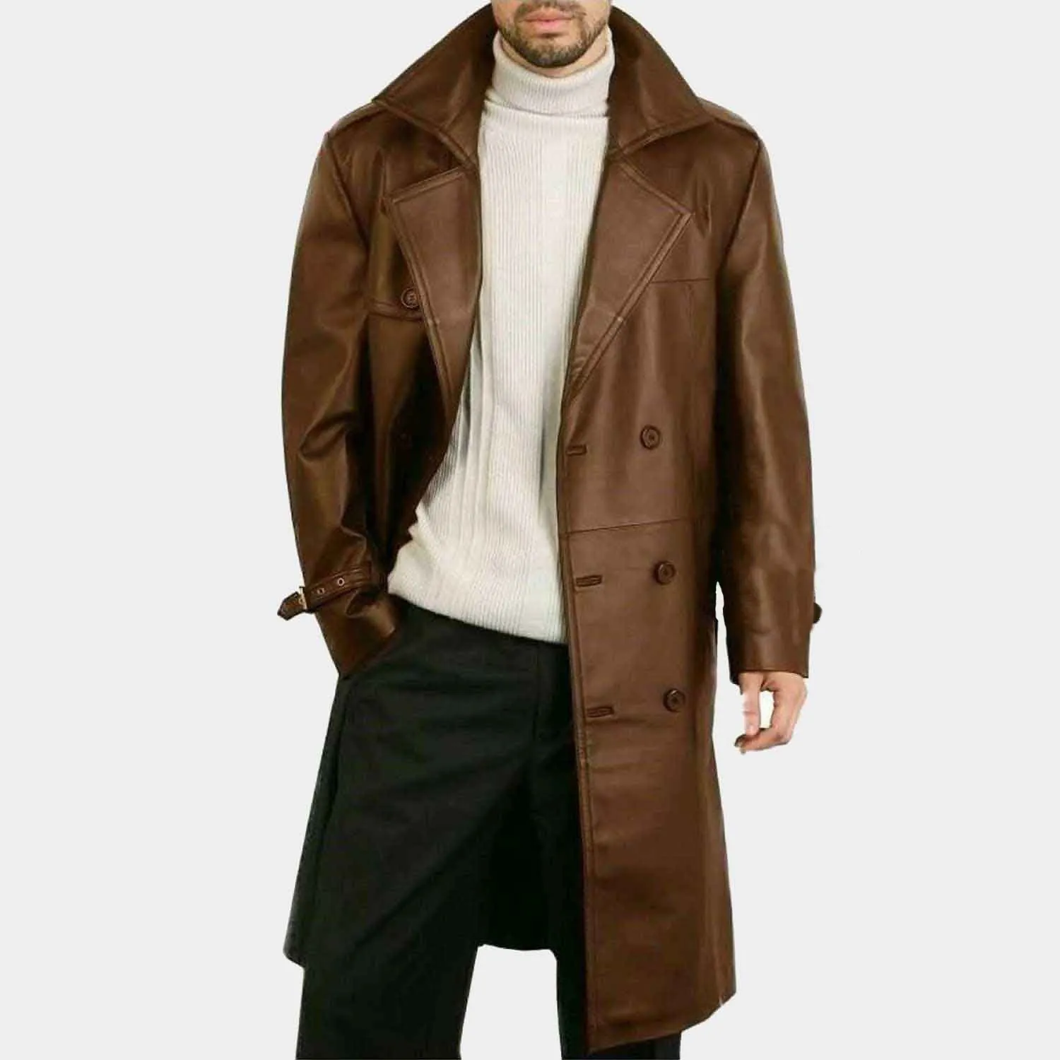 Brown Leather Long Trench Coat For Men