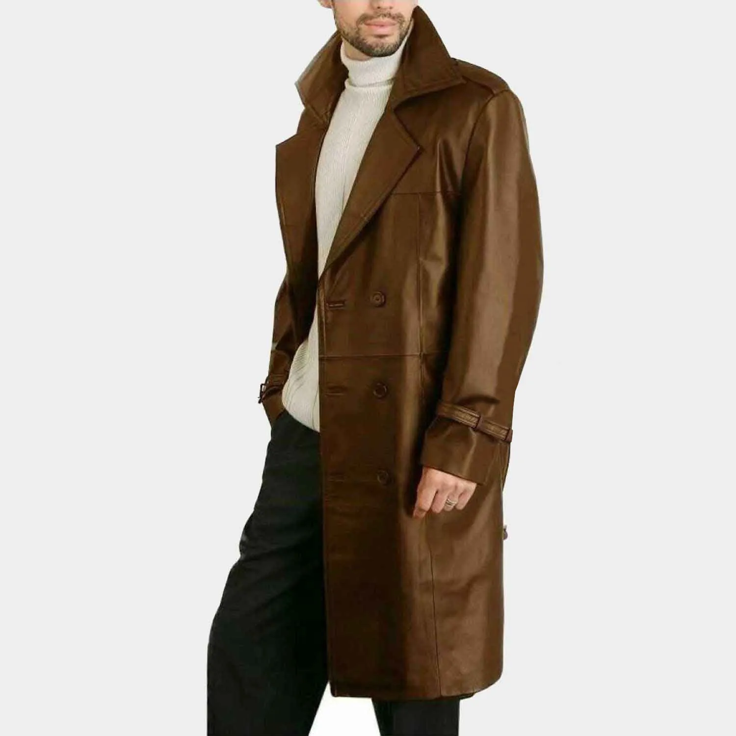 Brown Leather Long Trench Coat For Men