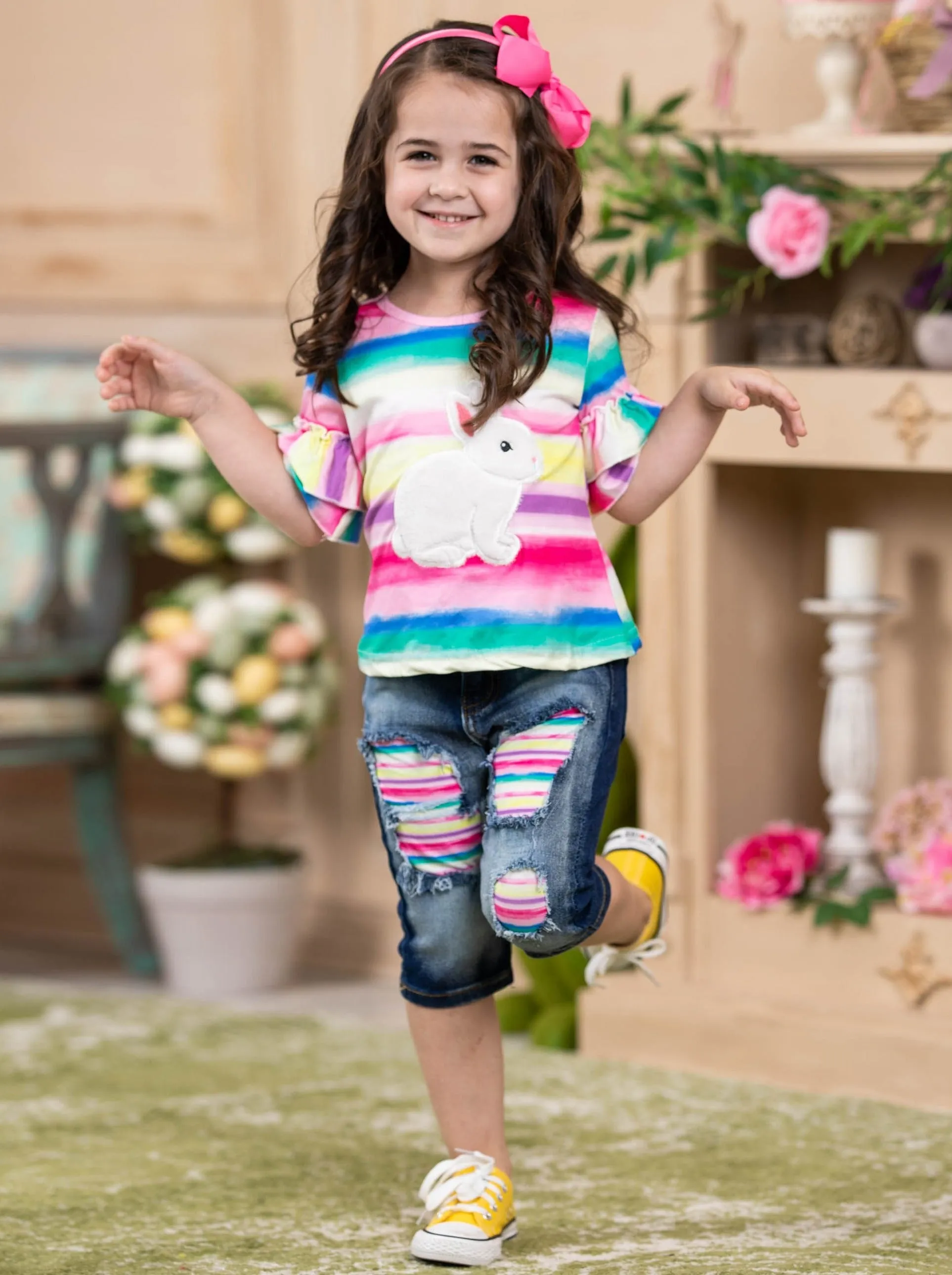 Bunny Time Rainbow Patched Jean Capris Set