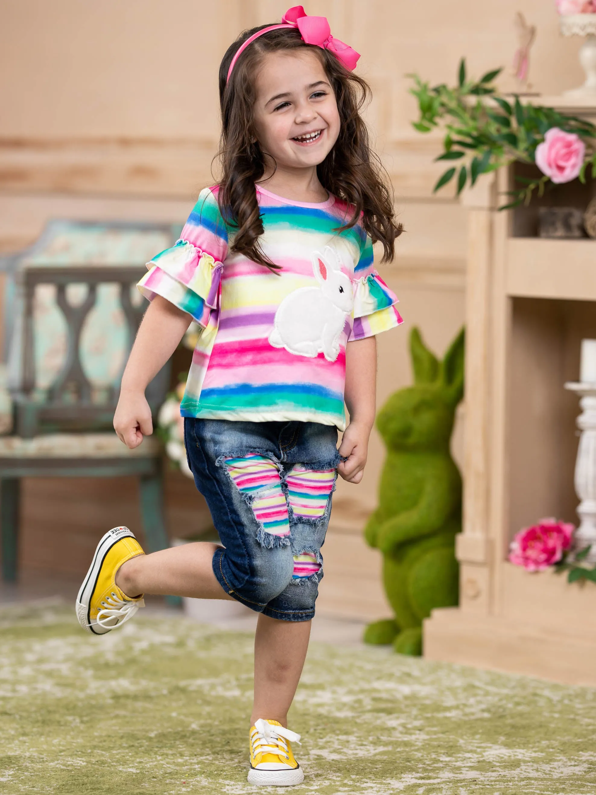 Bunny Time Rainbow Patched Jean Capris Set