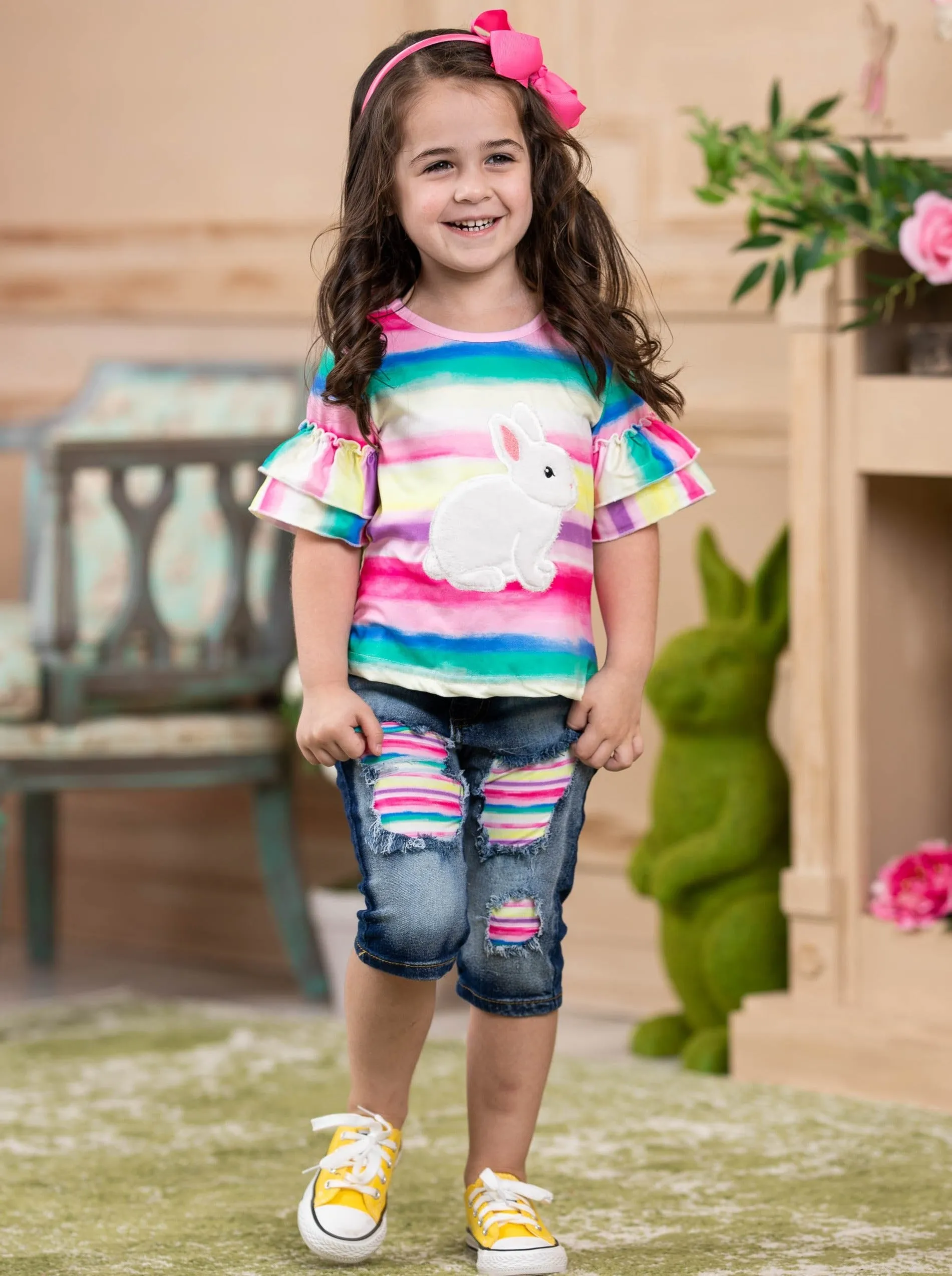 Bunny Time Rainbow Patched Jean Capris Set