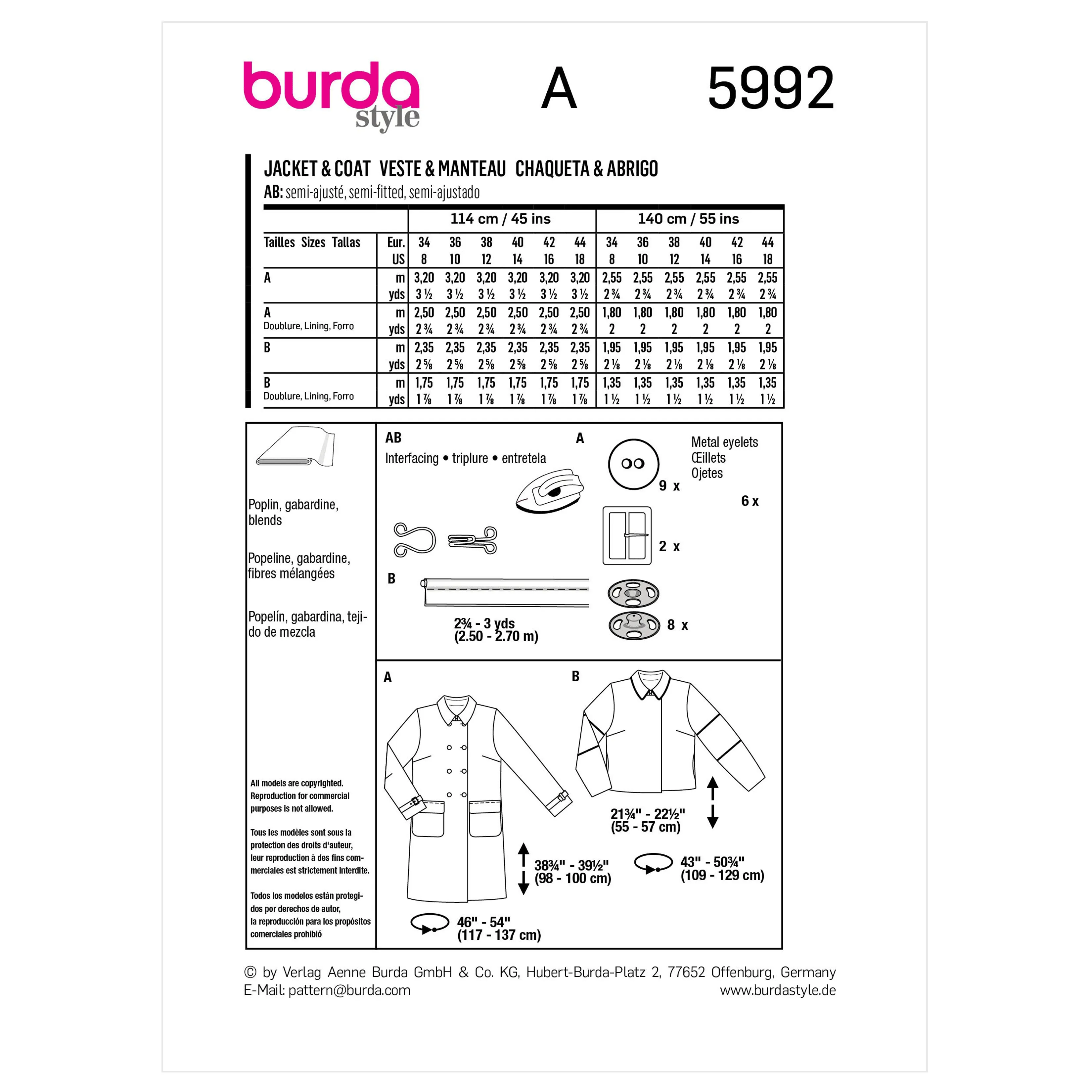 Burda Sewing Pattern 5992 Misses' Double-Breasted Jacket and Coat