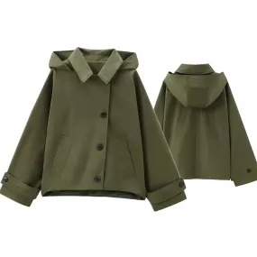 Buttoned Hooded Short Trench Jacket