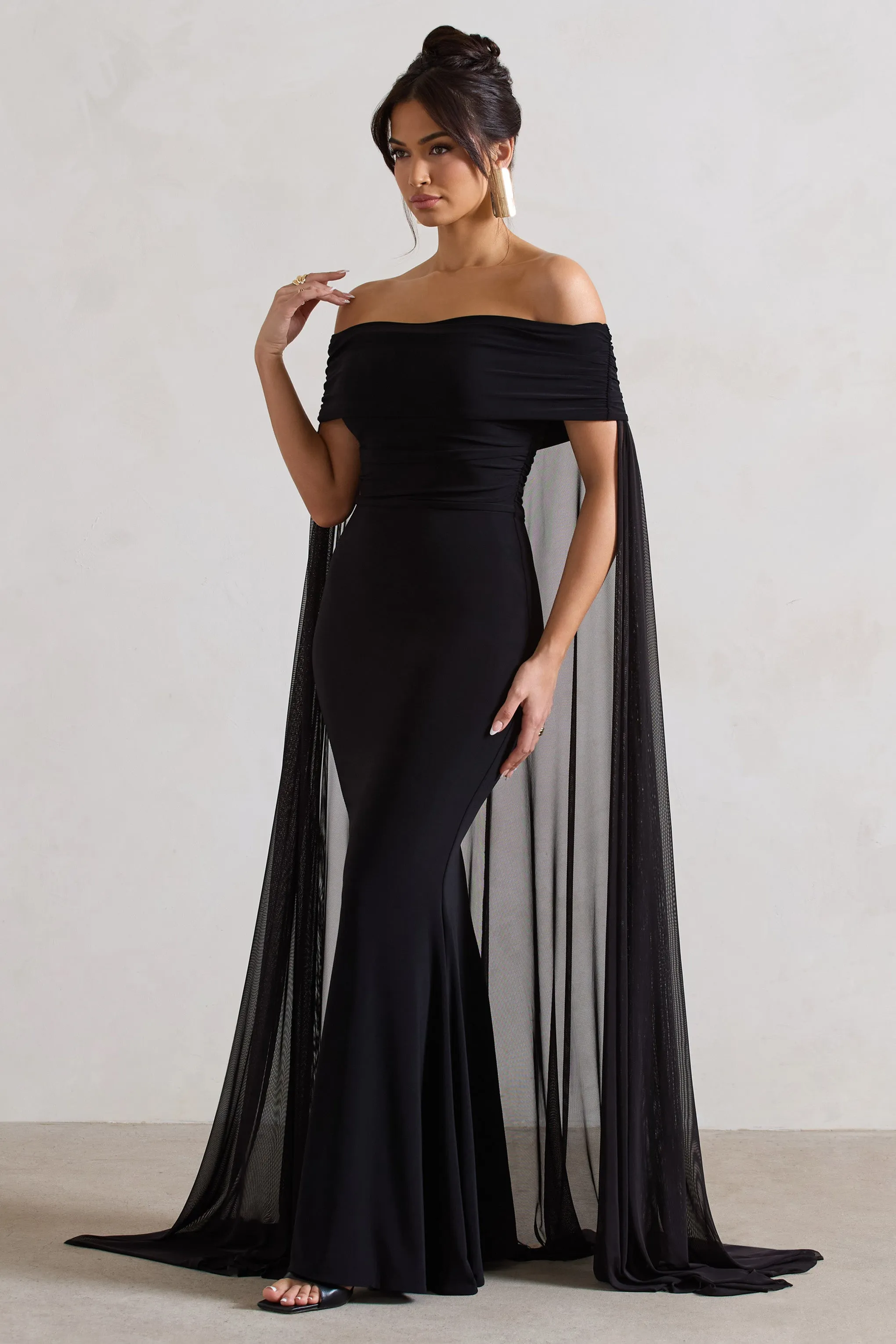 Carlotta | Black Bardot Maxi Dress With Chiffon Cape