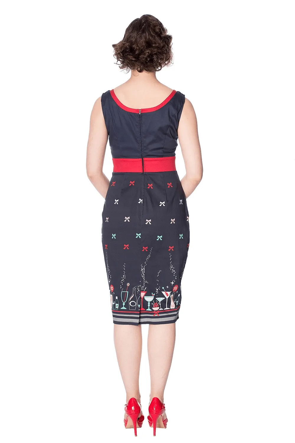 Christmas Cocktail Print Vintage Style Pencil Dress by Banned Apparel