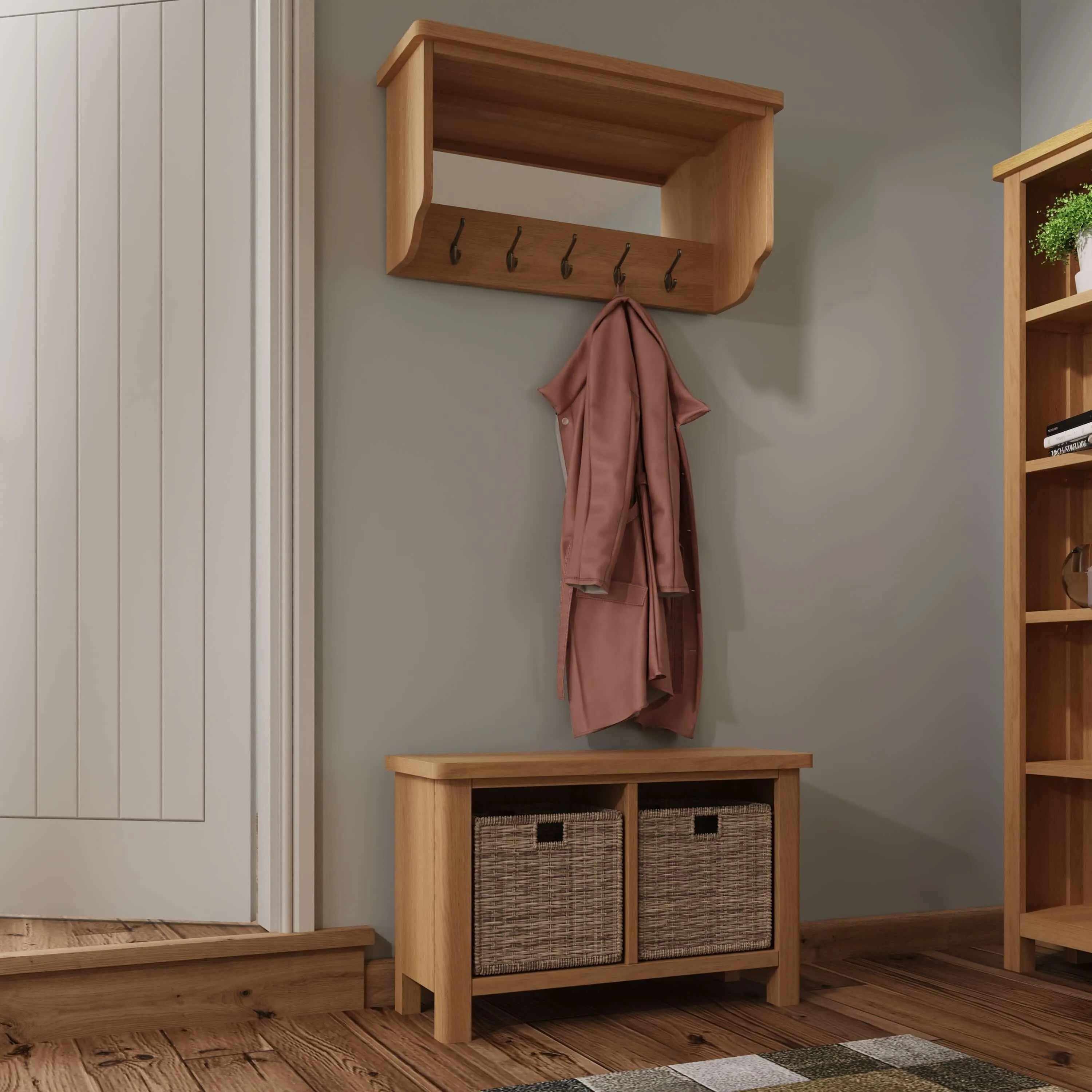 Clara Rustic Oak Hall Bench Top With Mirror & Coat Hooks