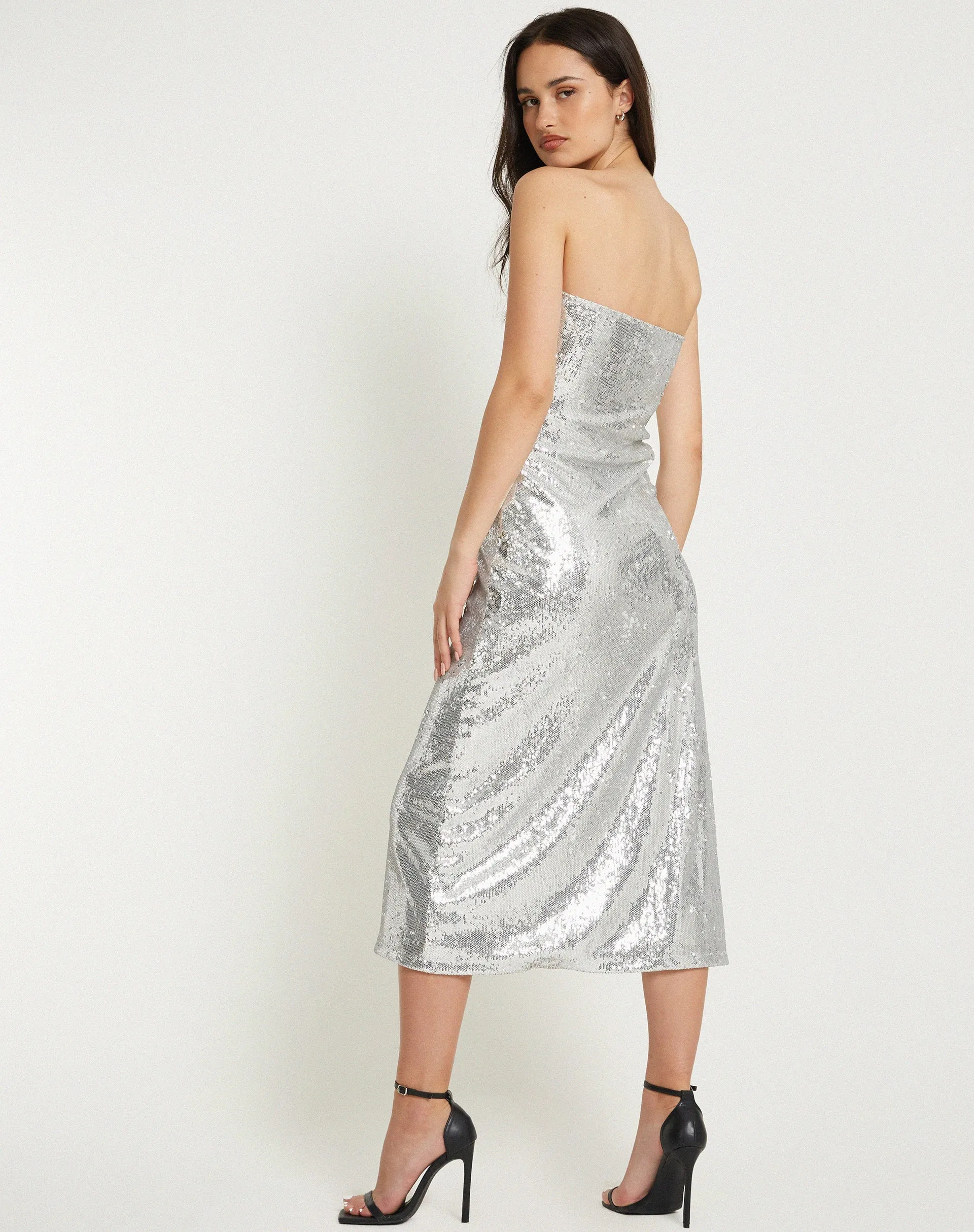 Cleosa Bandeau Maxi dress in Silver Chrome