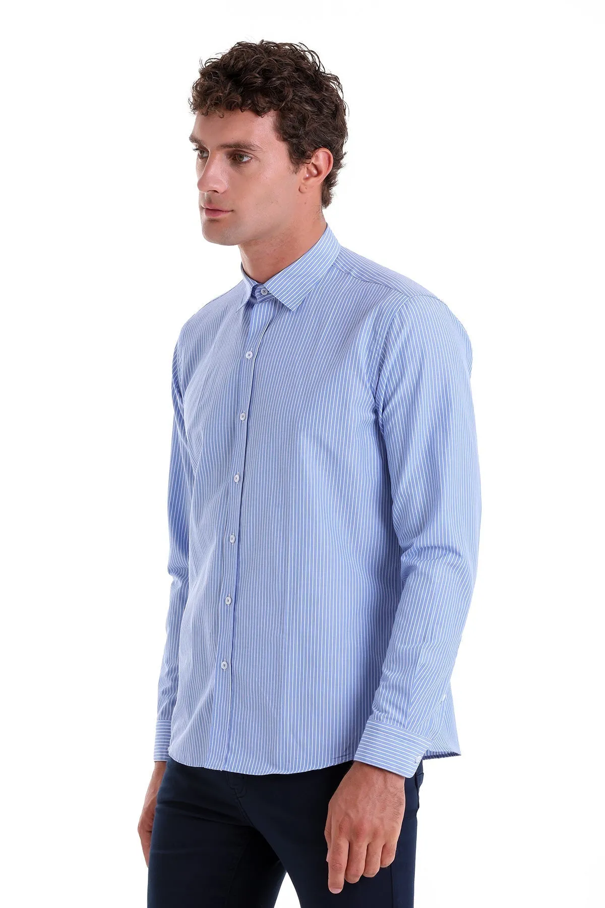 Comfort Fit Striped Cotton Blend Blue Dress Shirt