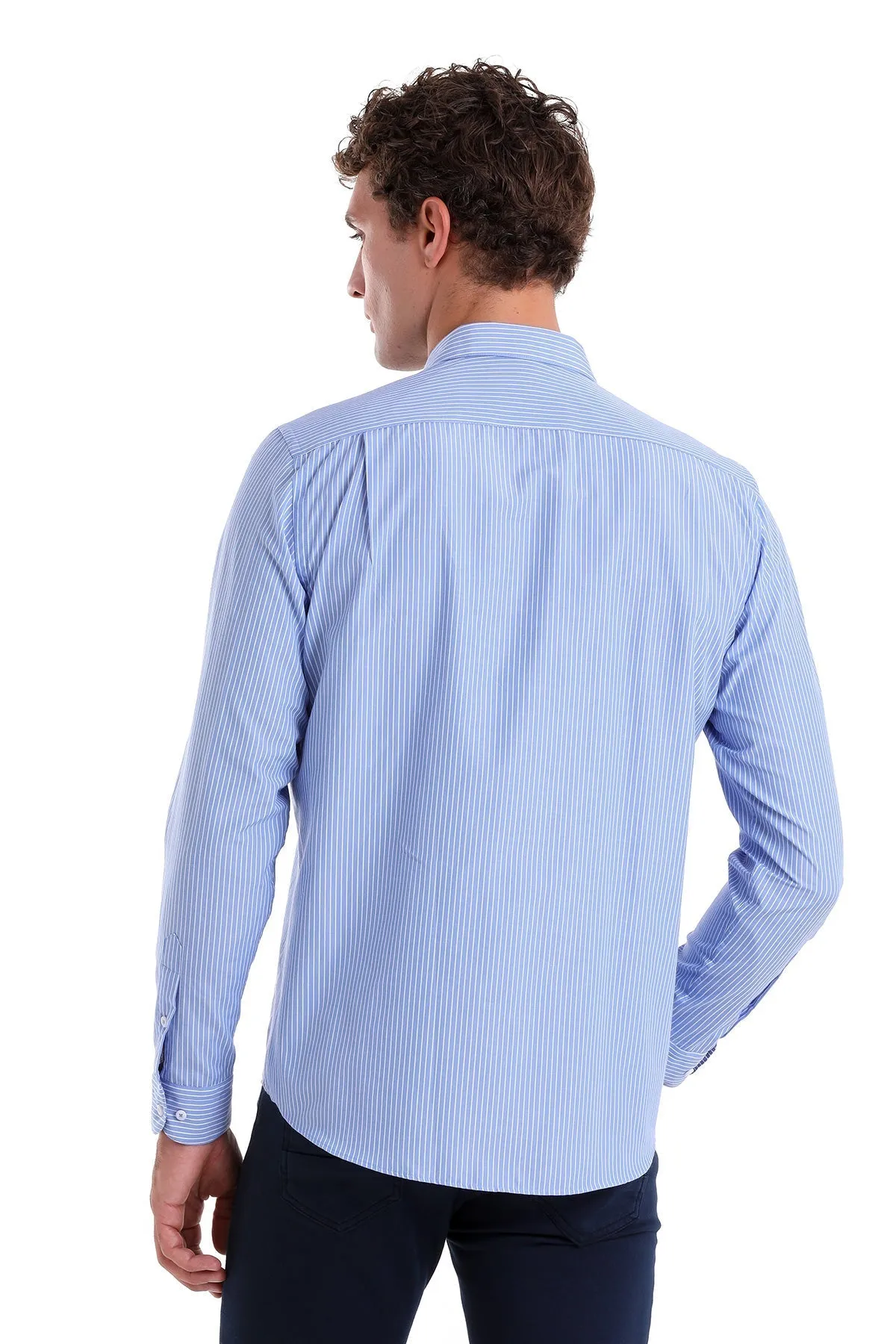 Comfort Fit Striped Cotton Blend Blue Dress Shirt