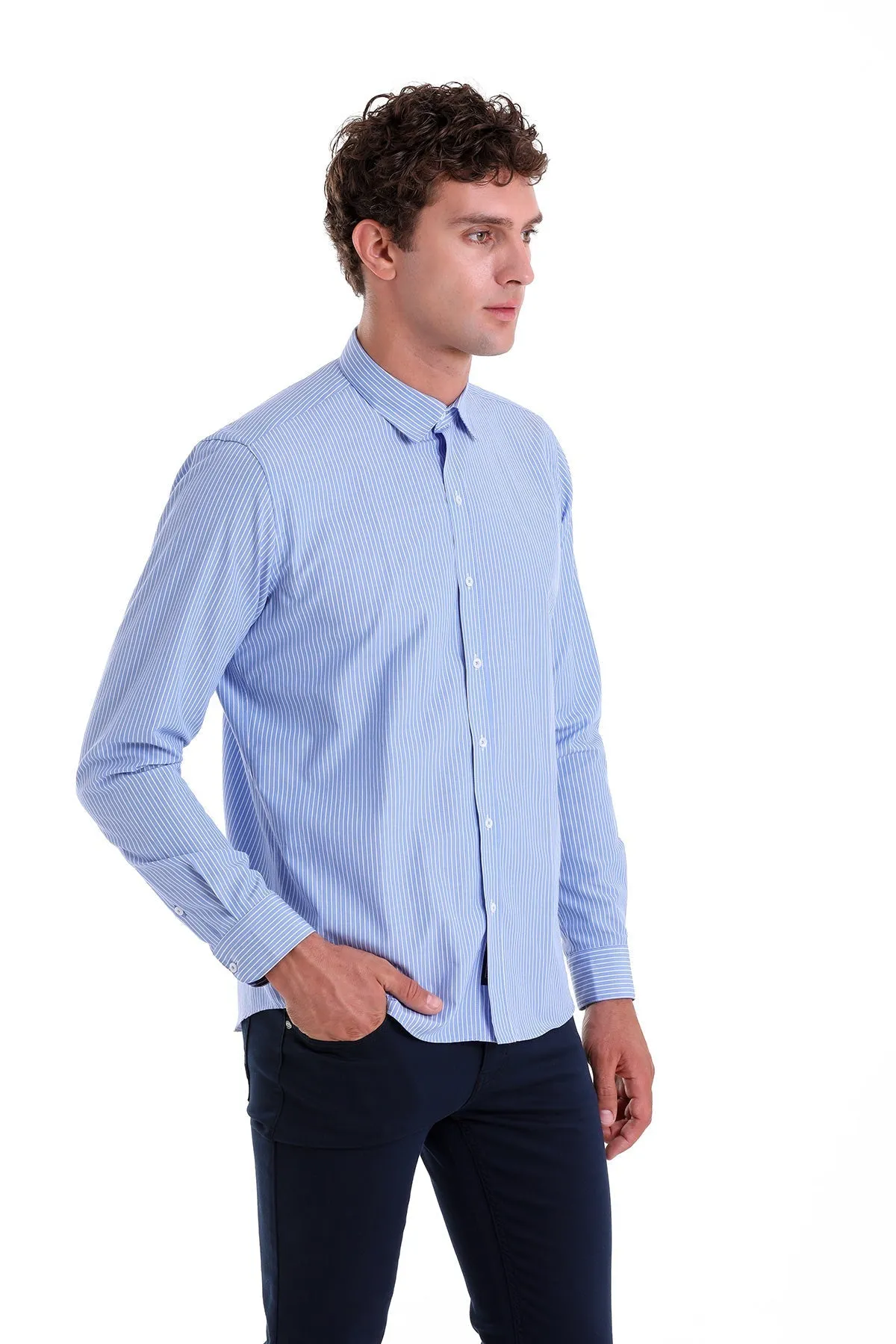 Comfort Fit Striped Cotton Blend Blue Dress Shirt