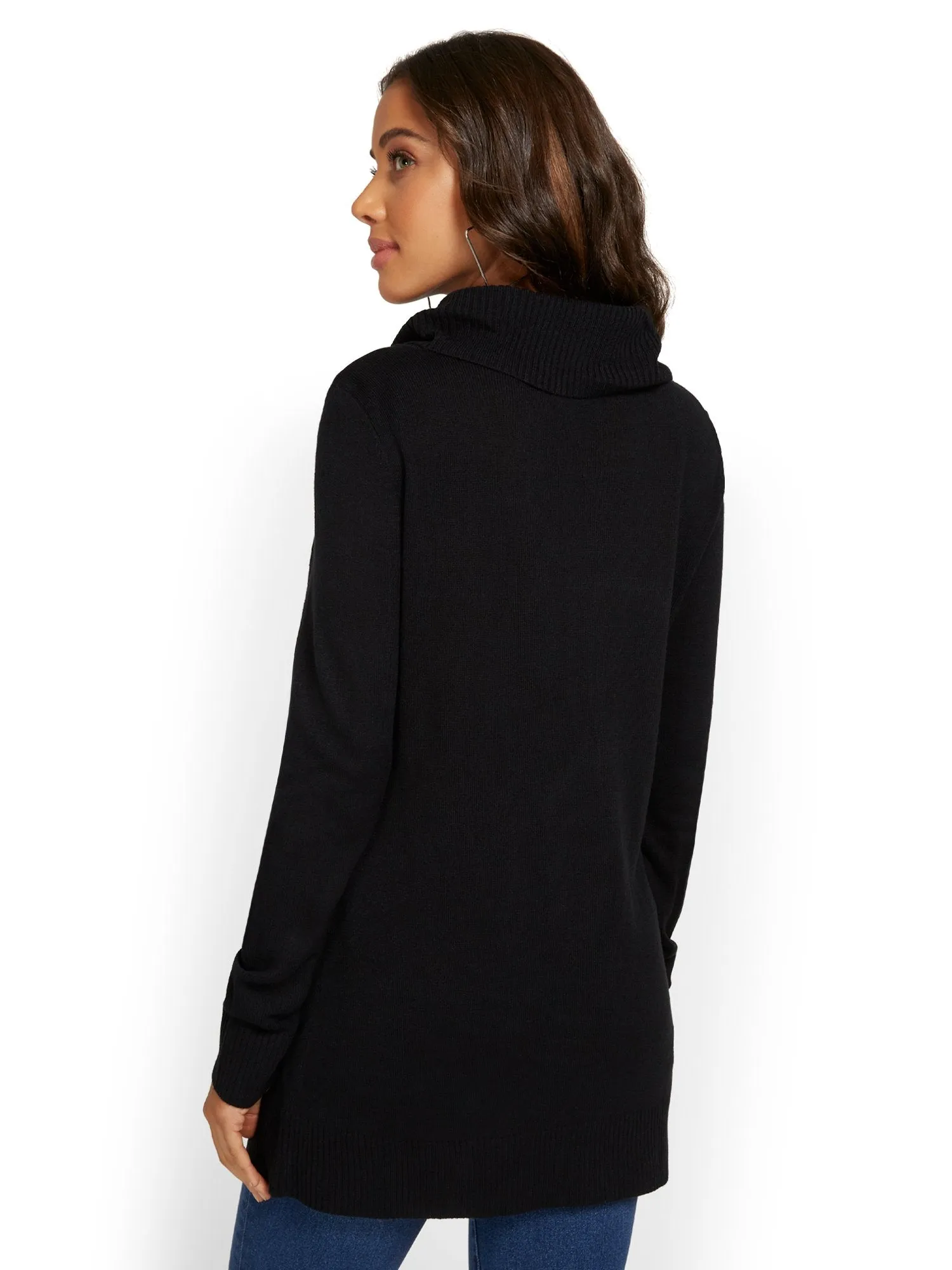 Cowl-Neck Zip-Pocket Tunic Sweater