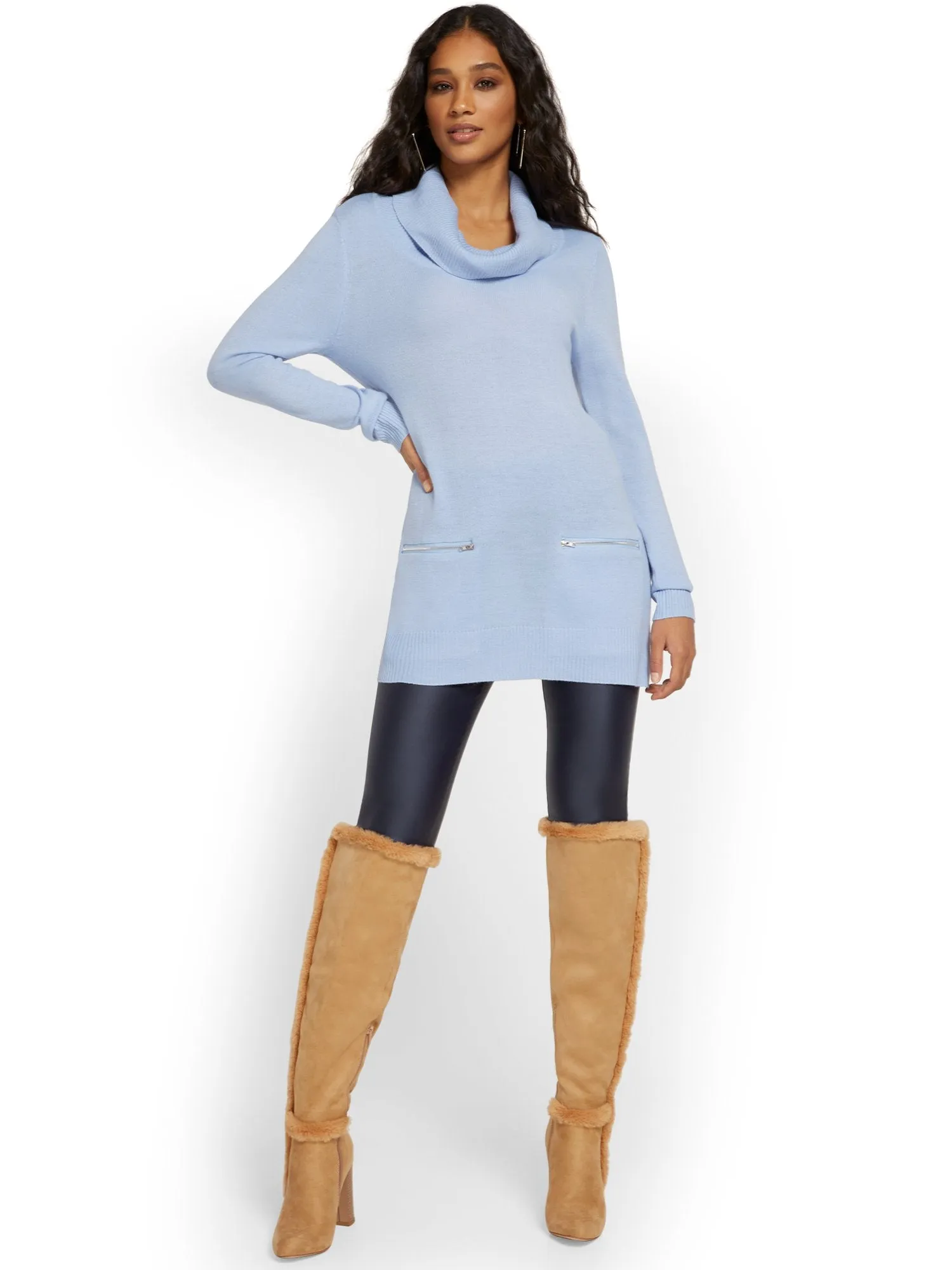 Cowl-Neck Zip-Pocket Tunic Sweater