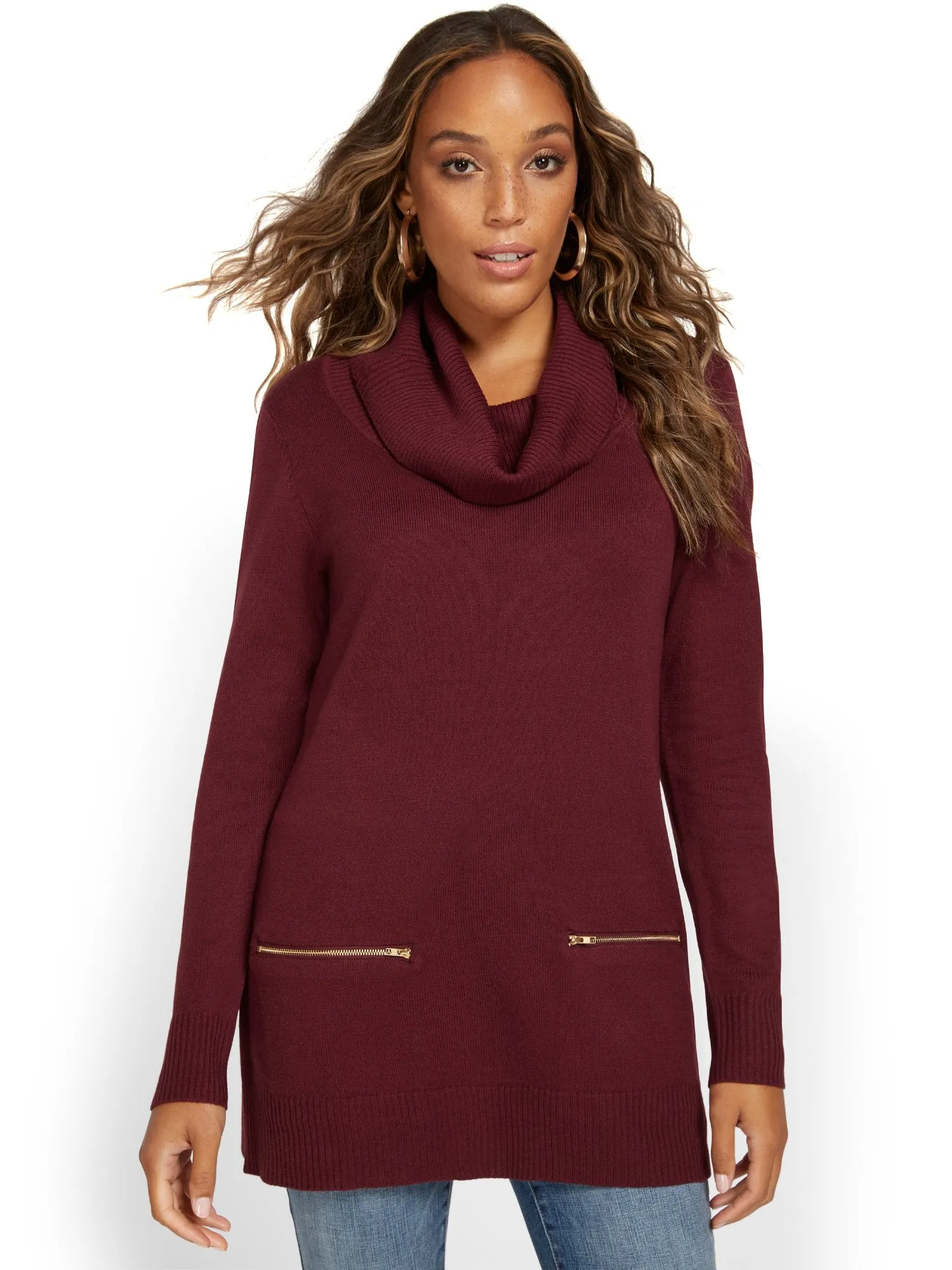 Cowl-Neck Zip-Pocket Tunic Sweater