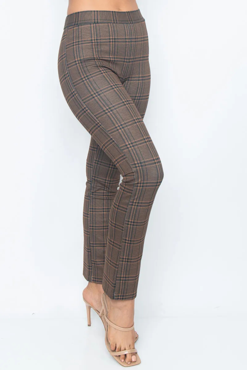 Cropped Dress Pants with Stretch Waistband in Honey Brown Plaid (PH23950)