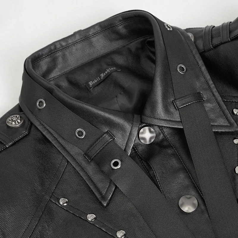 CT207 Punk Rivets Studded Webbing Faux Leather Men's Short Jacket