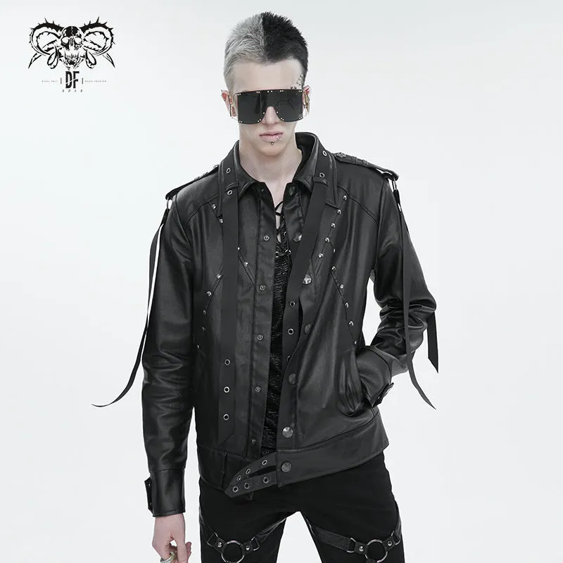 CT207 Punk Rivets Studded Webbing Faux Leather Men's Short Jacket