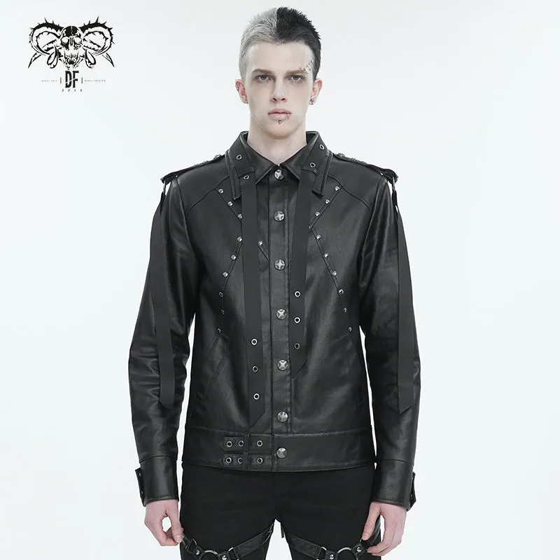 CT207 Punk Rivets Studded Webbing Faux Leather Men's Short Jacket