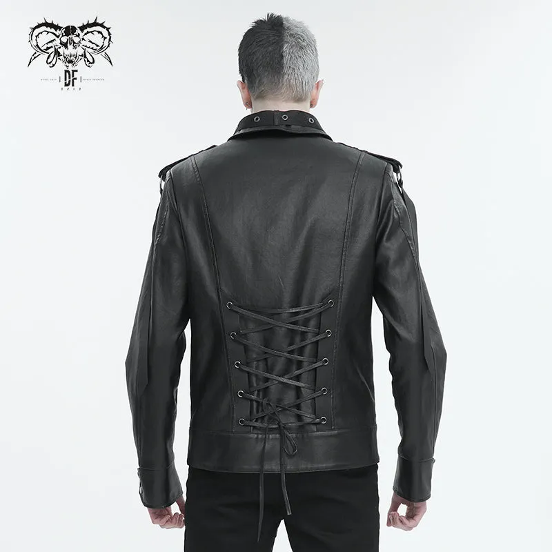 CT207 Punk Rivets Studded Webbing Faux Leather Men's Short Jacket