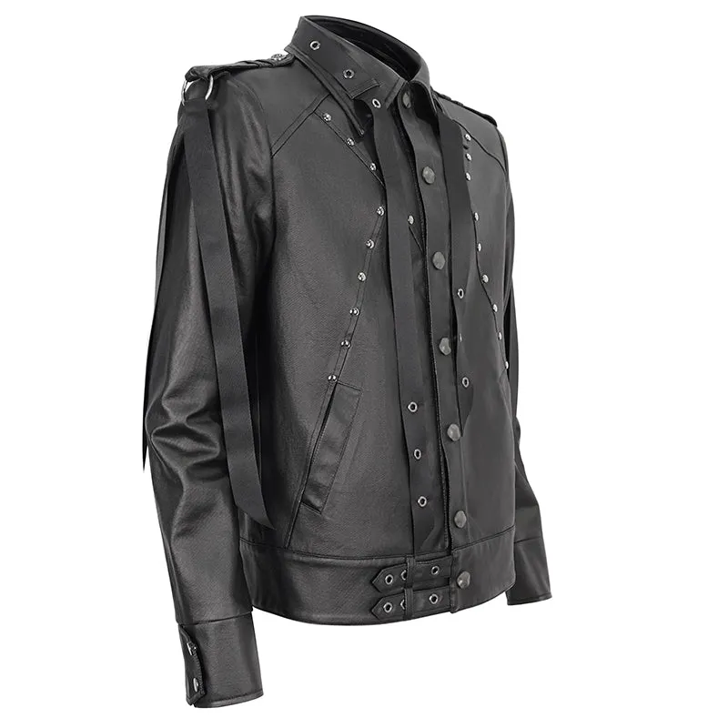 CT207 Punk Rivets Studded Webbing Faux Leather Men's Short Jacket