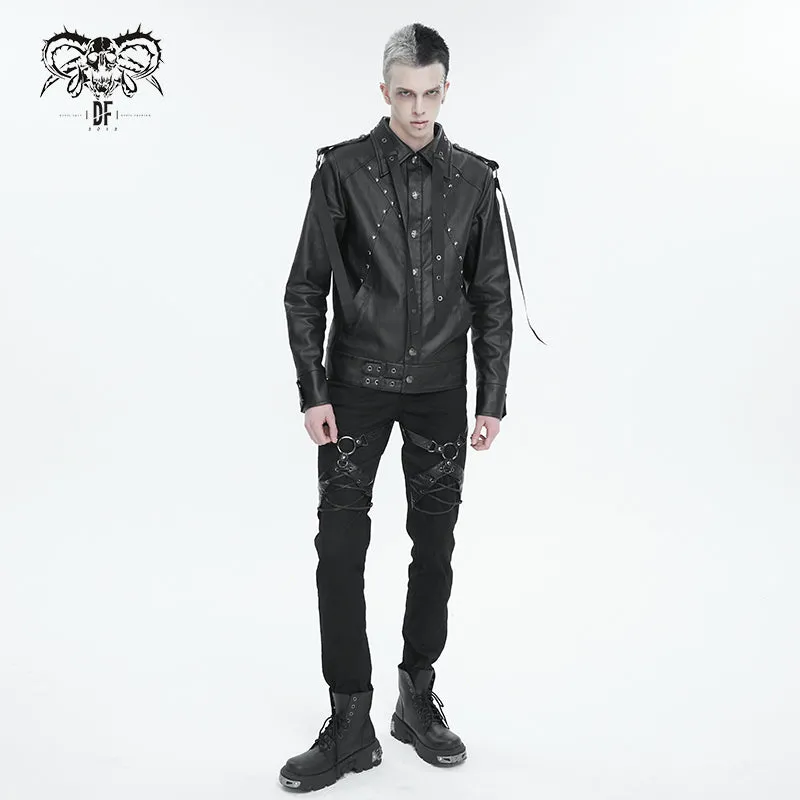 CT207 Punk Rivets Studded Webbing Faux Leather Men's Short Jacket