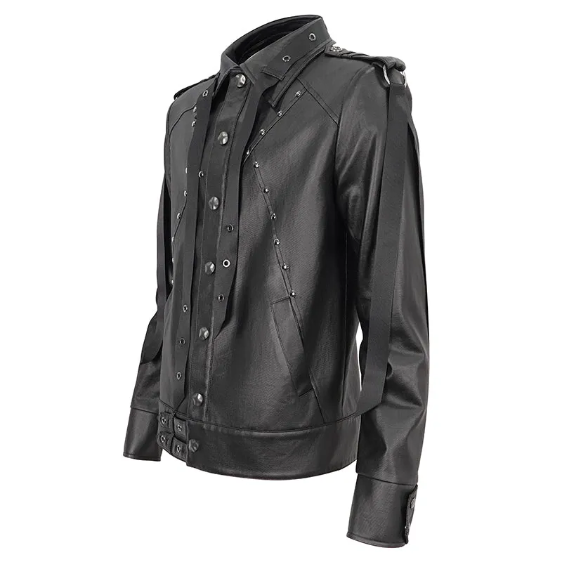 CT207 Punk Rivets Studded Webbing Faux Leather Men's Short Jacket