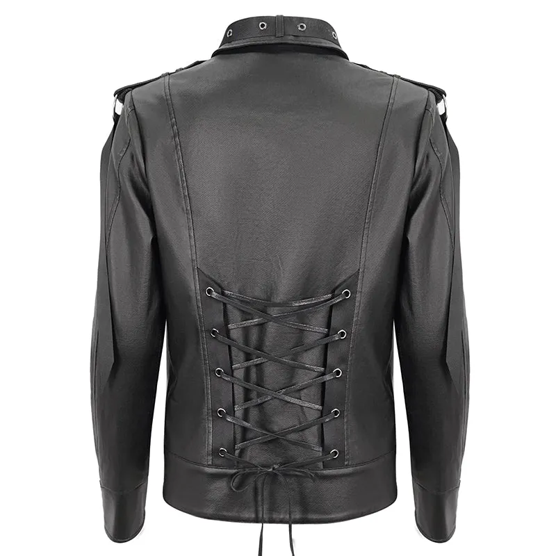 CT207 Punk Rivets Studded Webbing Faux Leather Men's Short Jacket