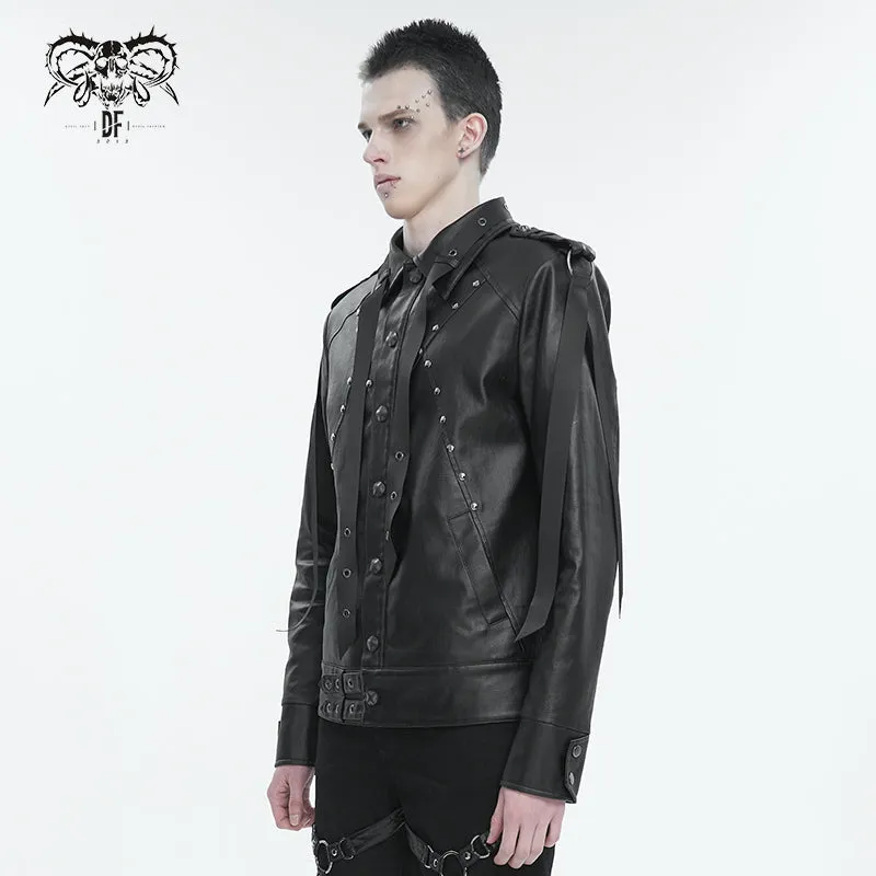 CT207 Punk Rivets Studded Webbing Faux Leather Men's Short Jacket