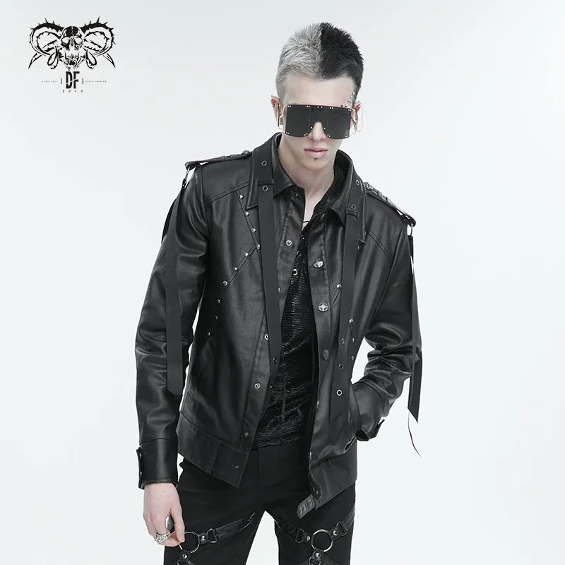 CT207 Punk Rivets Studded Webbing Faux Leather Men's Short Jacket