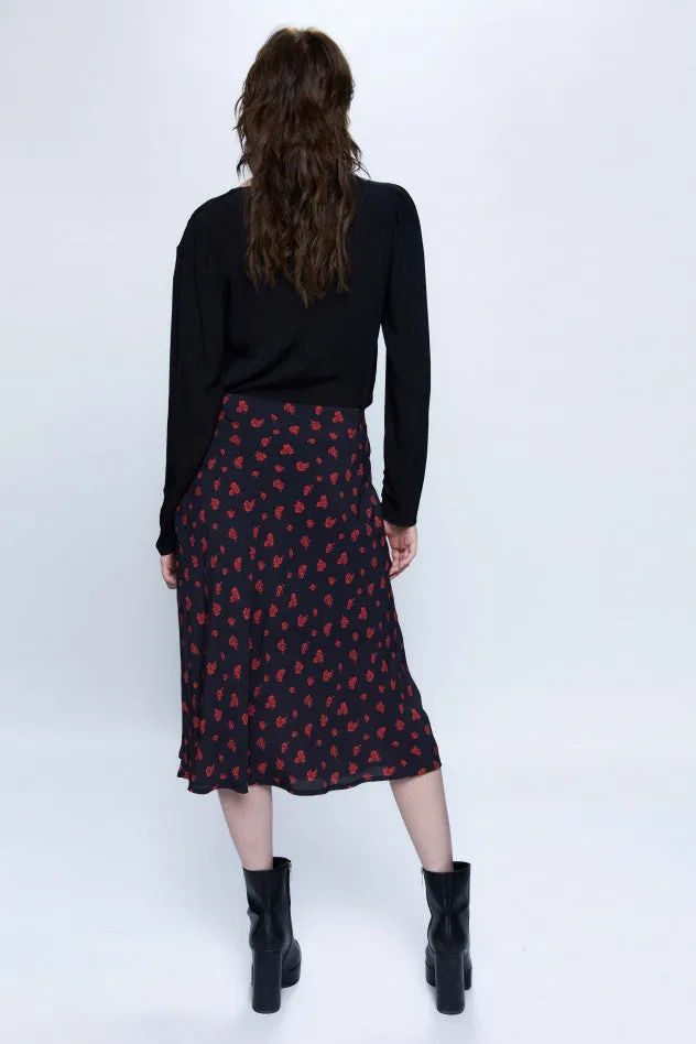 Dita Satin Bias Cut Midi Skirt - Red Floral