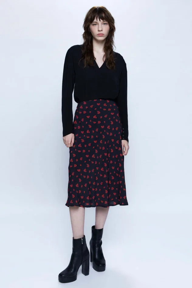 Dita Satin Bias Cut Midi Skirt - Red Floral