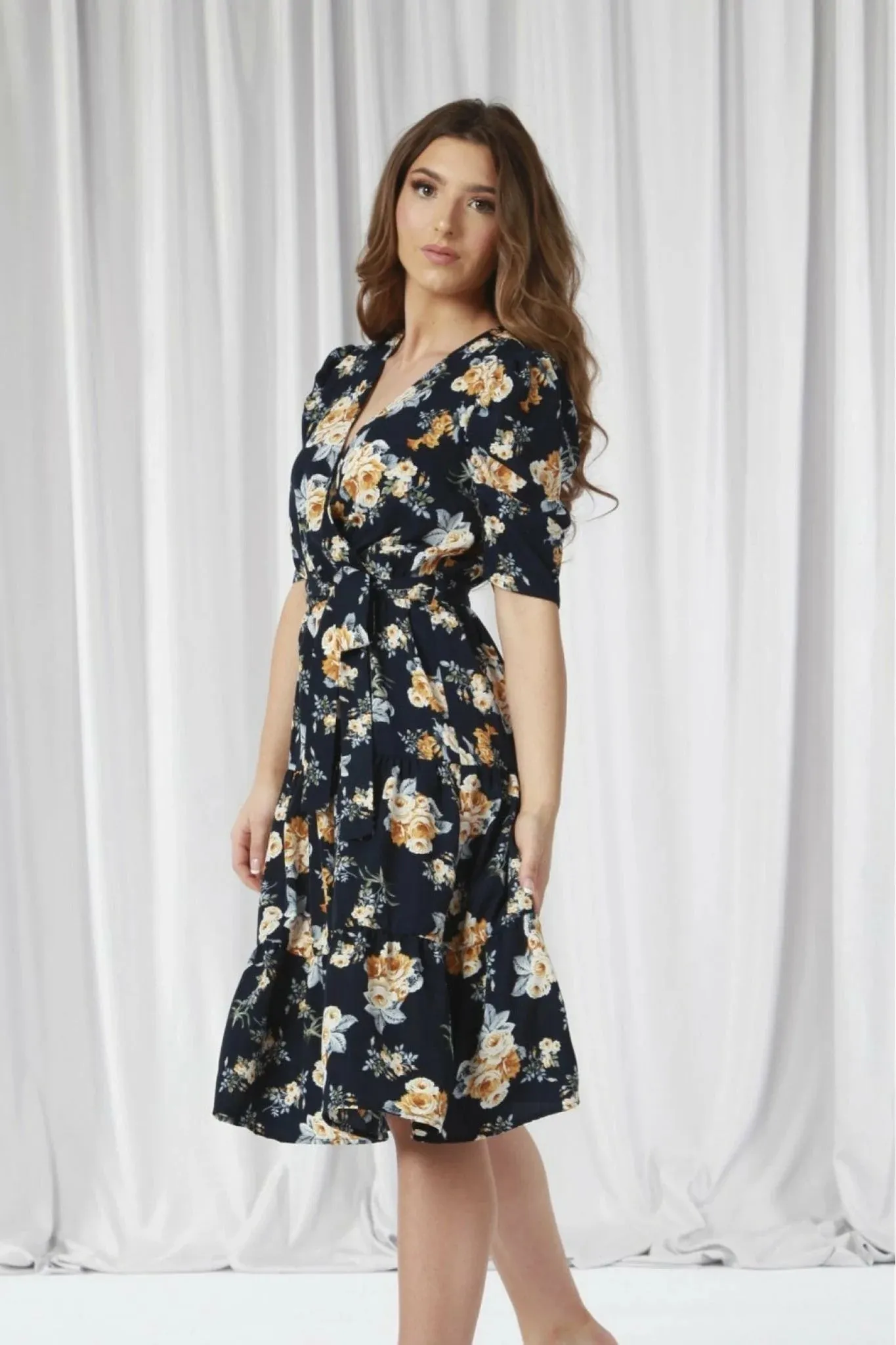 Double Second Navy Printed Puff Sleeve Wrap Dress