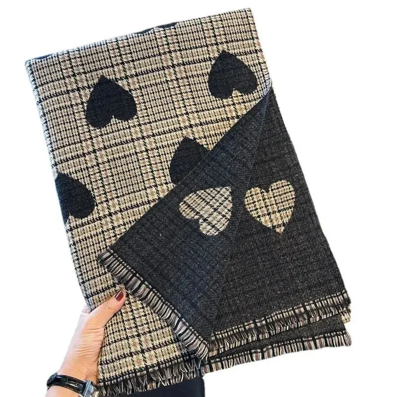 Double Sided Cashmere Scarf -  Women's Love Heart Long Plaid Scarf