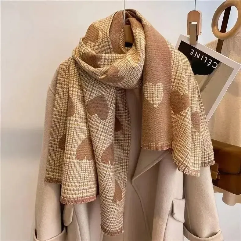 Double Sided Cashmere Scarf -  Women's Love Heart Long Plaid Scarf