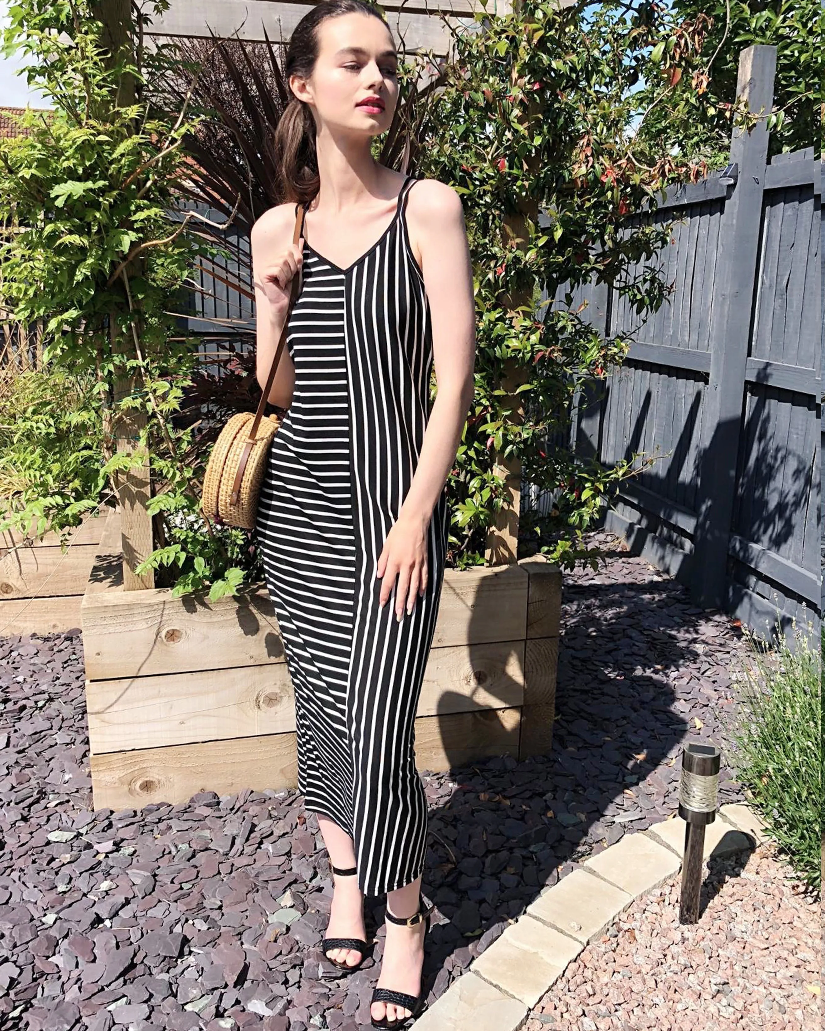 Double strip black white stripe Maxi dress